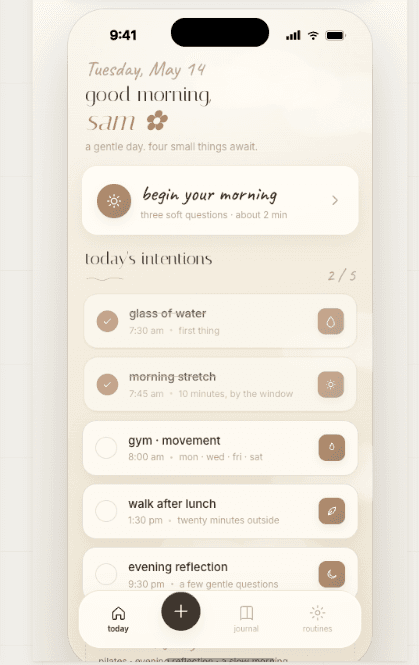 BlobLife morning home screen with a soft check-in prompt and a list of today's intentions