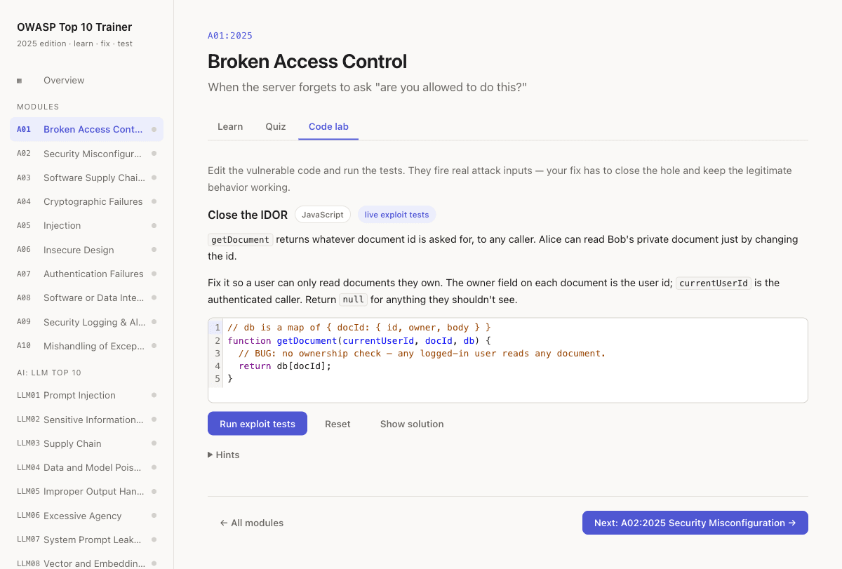 The OWASP trainer code lab: a vulnerable getDocument function in an editor with a brief and a Run exploit tests button